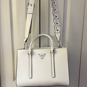 GUESS White Satchel with Floral Accent Strap